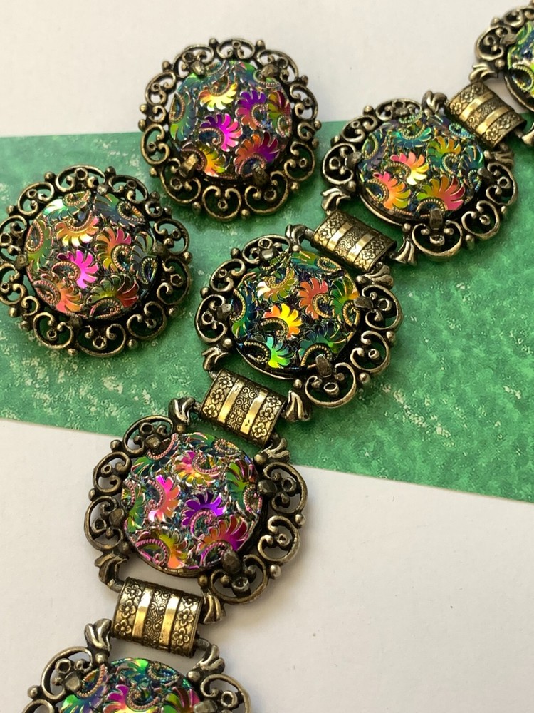 Vintage 1950s JUDY LEE Bracelet and Earrings Set Iridescent Carnival Glass Rare