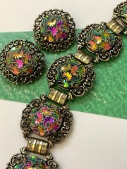 Vintage 1950s JUDY LEE Bracelet and Earrings Set Iridescent Carnival Glass Rare