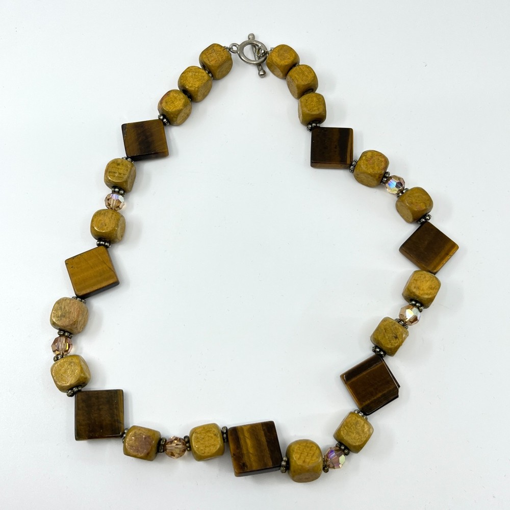 Vintage Earthy Tiger’s Eye & Wooden Square Bead Boho Statement Necklace Classic