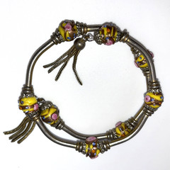 Vintage Silver Tone Expandable Bracelet Murano Wedding Cake Beads and Tassels