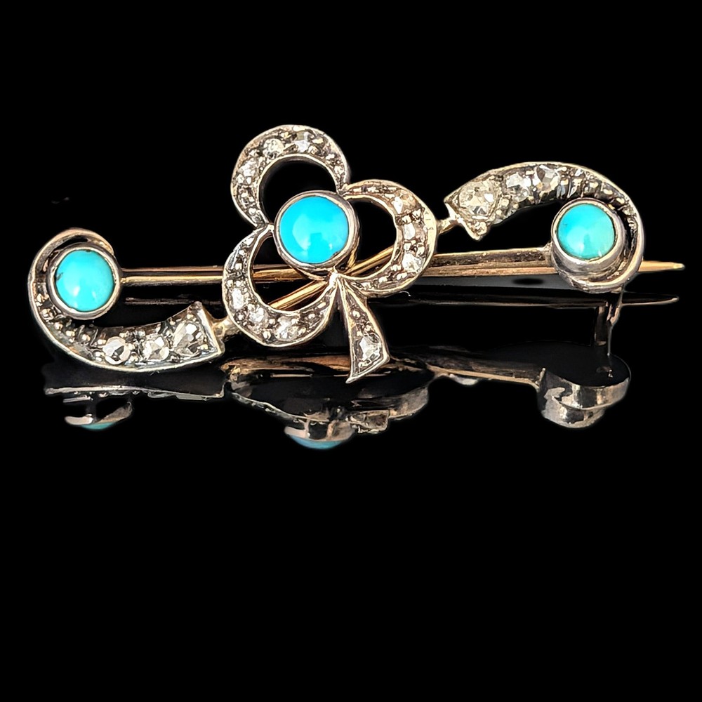 1800s Antique Victorian Turquoise Diamond 14K Gold Silver Topped Shamrock Brooch