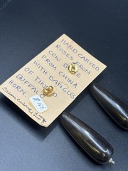 VTG MASHA ARCHER HAND CARVED ROSES/COW BONE. DANGLES OF TINTED BUFFALO HORN.