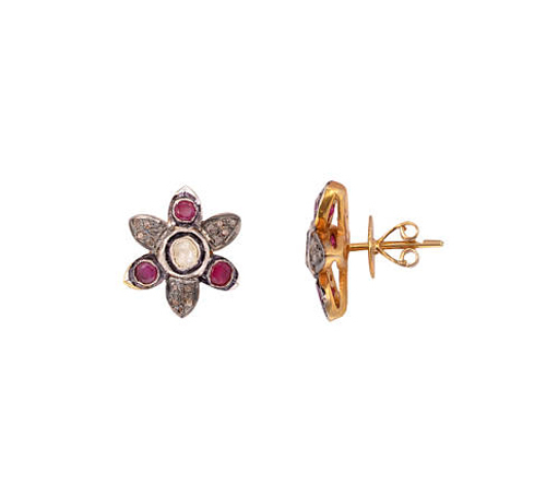 0.68ct ANTIQUE ROSE CUT DIAMOND SILVER VINTAGE DESIGN POLKI RUBY STUDS EARRINGS