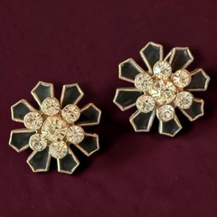 Art Deco Rhinestone Earrings Black Enamel Screwback Cogwheel Vintage