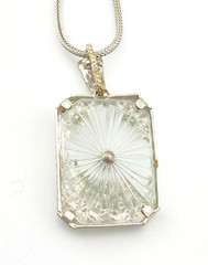 Vintage Camphor Glass Genuine Diamond Pendant Necklace Rhodium Plated Floral
