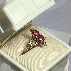 Antique Edwardian Rose Gold Ring 2 Red Zircons, 4 Diamonds Size 6.5