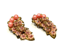 MCM PINK CLUSTER FLOWER RHINESTONE FAUX PEARL SEED BEAD CLIMBER CLIP ON EARRINGS