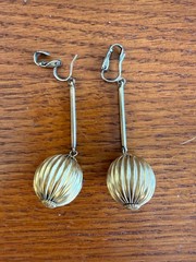 Vintage long dangle drop textured gold ball clip on 1960s earrings