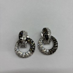 NOLAN MILLER Earrings Black/White Crystal Silver Tone Circle Drop, Clip/style
