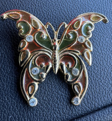 R. Steinmertz SFJ Butterfly Brooch Lapel Pin Goldtone Stained Glass 1970’s