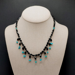 Southwestern Style Black Glass Faux Turquoise Beaded Fringe Vintage Necklace