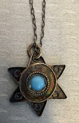 Vintage 935 Silver Israel Turquoise Star of David Pendant Necklace 19″ Chain