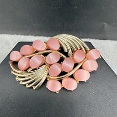 Vintage Thermoset Brooch Pink Moon Glow Gold Tone Spring Summer