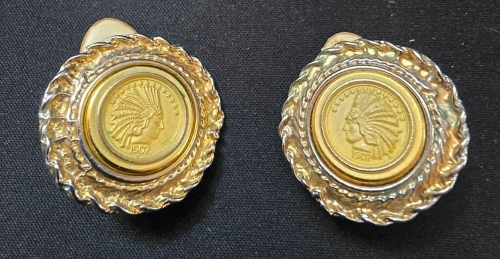 RARE VINTAGE Indian Head Clip On Earrings Coin Silver Gold Tone Chief Penny Like