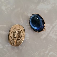Vintage Mid-Century Emmons Dark Blue Glass Cabochon & Goldtone Clip-on Earrings