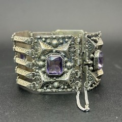 Vintage 800 Silver Amethyst Panel Link Bracelet 50.6g Safety Chain Antique Style