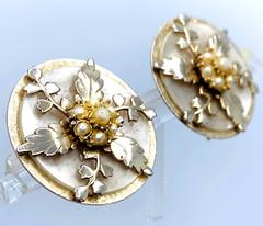 Unusual Layered Round Metal Faux Pearl Floral Art Deco Earrings