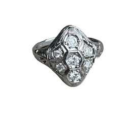 Vintage 14k white gold diamond and deco filigree ring