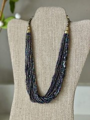 Vintage Oil Slick Iridescent Bead Torsade Necklace Statement Brass Boho Chic