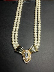Vintage 2 Strand Faux Pearl Choker Necklace Art Deco Gold Crystal Rhinestone Bow