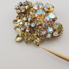 Vintage Rhinestone Brooch Aurora Borealis Yellow Marquise Gold Tone Fan Shape