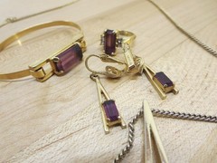 1976 Avon Gold Tone Faux Amethyst Purple Necklace Ear Ring & Bracelet Set