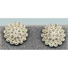 Vintage Sterling Marcasite Earrings Floral Screw Back Prong Set 5/8″