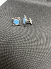 VTG Palest Oval Sky Blue Stones And Set in Square Silver Tone Cufflinks
