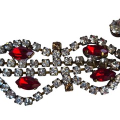 Vtg Signed Husar D Czech Glass Festoon Necklace Green Center Red Accent Stones