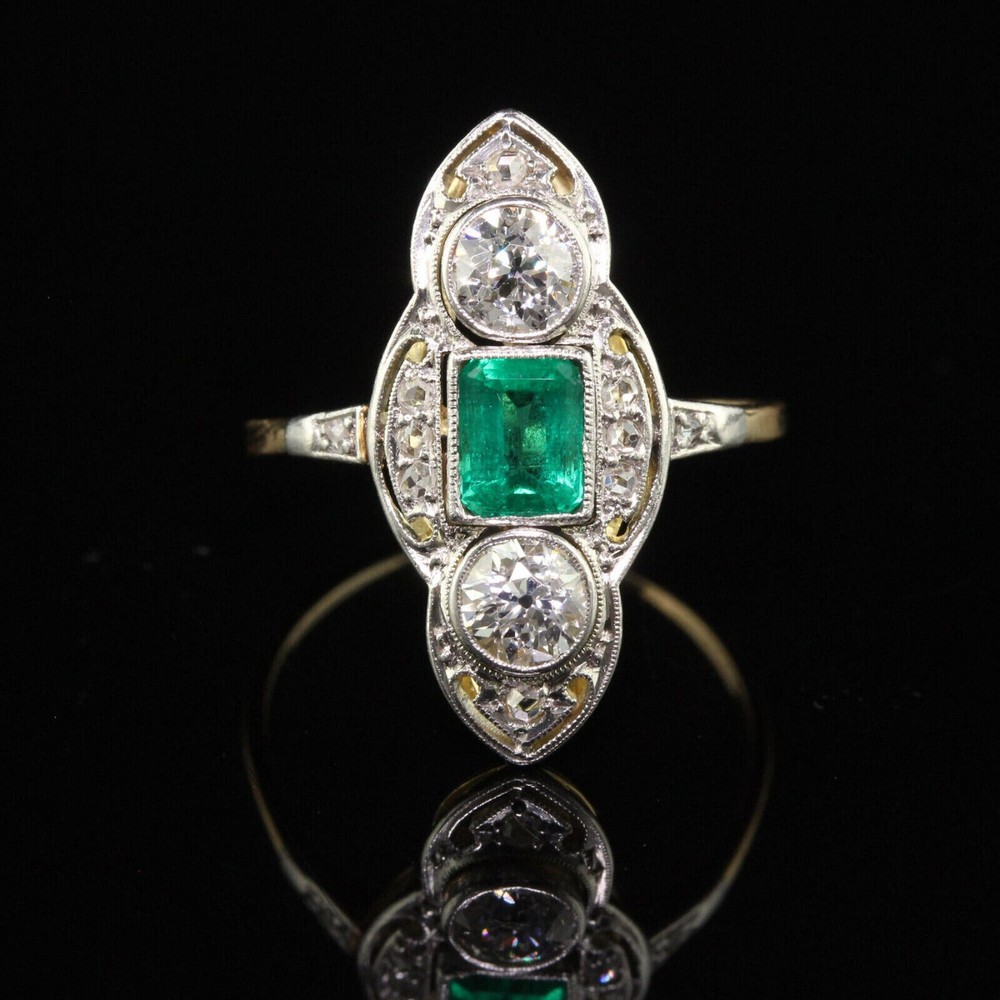 Art Deco Style Trilogy Navette Ring 2.3Ct Simulated Emerald 14k Yellow Gold Over