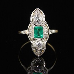 Art Deco Style Trilogy Navette Ring 2.3Ct Simulated Emerald 14k Yellow Gold Over