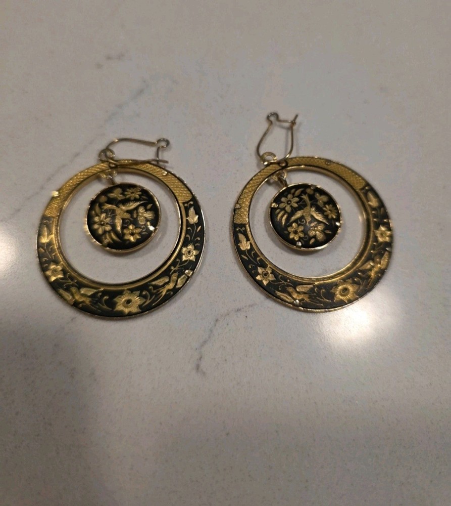Western Antique Jewelry Japan Damascene Drape Double Hoop Stud Earrings