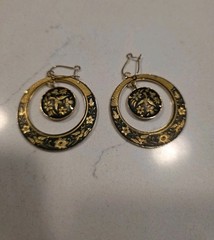 Western Antique Jewelry Japan Damascene Drape Double Hoop Stud Earrings