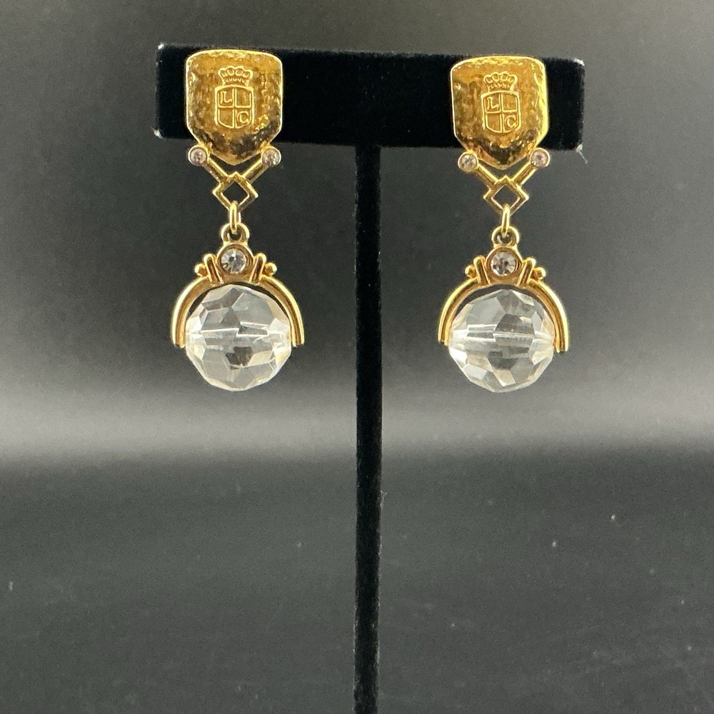 Vtg Liz Claiborne Earrings GoldT Faceted Crystal Dangle Bead Rhinestones 2” Chic