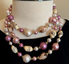 Vintage 1950s Pink Cream Swirl Beaded Triple Strand Necklace Signed Japan Retro