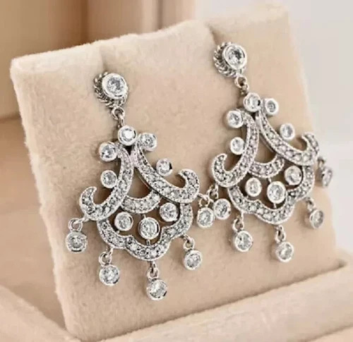 Beautiful Art Deco Style Round Lab Created Diamond 925 Silver Birthday Earrings