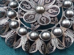 Antique Mexico Silver Ornate Filigree Flower Theme Round Pin: 2.25″ in Diameter