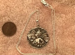 Large Sterling silver Art Nouveau revival fairy nymph button charm 18” pendant