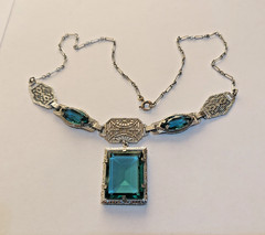 Antique Vintage Art Deco Deep Teal Faceted Glass Ornate Filigree Necklace