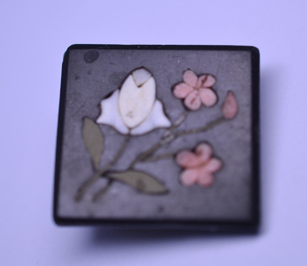 ANTIQUE SMALL 7/8 INCH SQUARE PIETRA DURA FLOWER PIN – AS IS