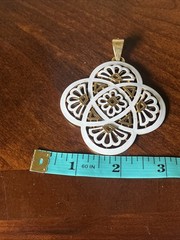 Large Signed CROWN TRIFARI Vtg White ENAMEL flower fans swirl Gold-tone PENDANT
