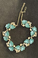 Vintage Thermoset Leaves Faux Pearls Rhinestone Necklace