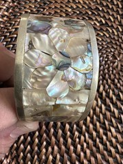 Vintage Mexico Alpaca Silver Abalone Mother of Pearl Floral Inlay Cuff Bracelet