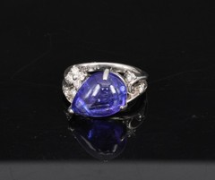 Estate 6.85ct Cabochon Cut Tanzanite & 0.24ct Diamond Platinum Ring Size 5.75