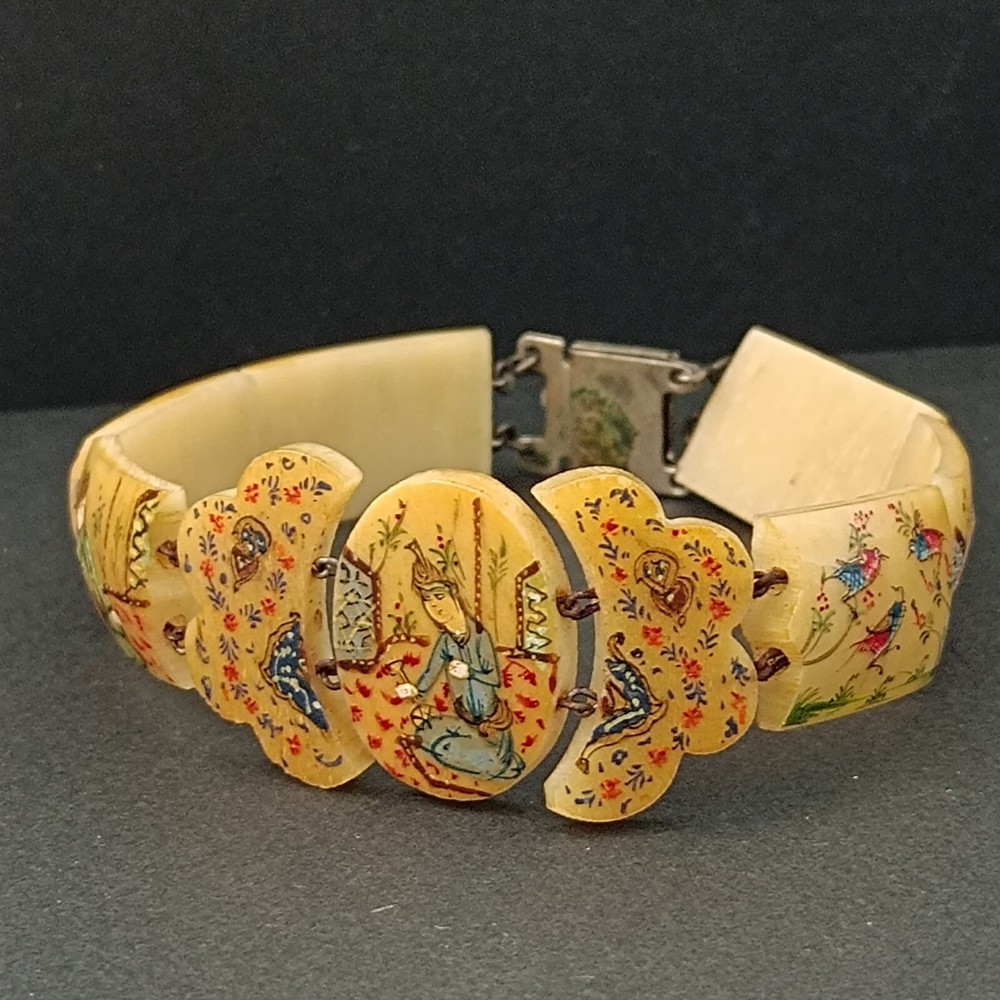 Persian Storyteller Bracelet Hand Painted Panels People Birds Unique Design Rare