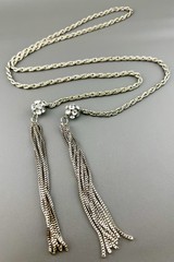 Vintage Tassel Necklace Lariat Rhinestone Ball Heavy Rope Chain Silver Tone 36”