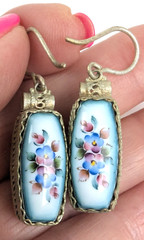 Vtg Russian Rostov Finift Porcelain Enamel Drop Dangle Earrings Double Sided