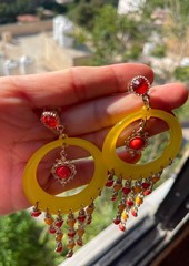 Vintage Thailand Boho Lucite Hoop Chandelier Earrings & Orange Resin Bangle Set