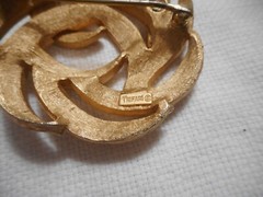 Vtg Crown TRIFARI Brooches Cutout Wreath & Baguette Bar Pin 1955-1969 Gold Tone