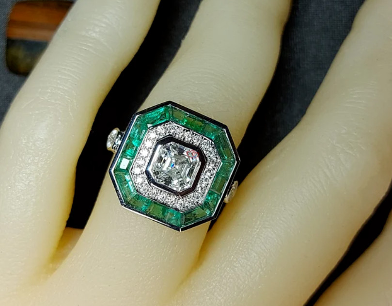 Art Deco Style Ascher Cut Lab-Created Diamond & Emerald Double Halo Silver Ring